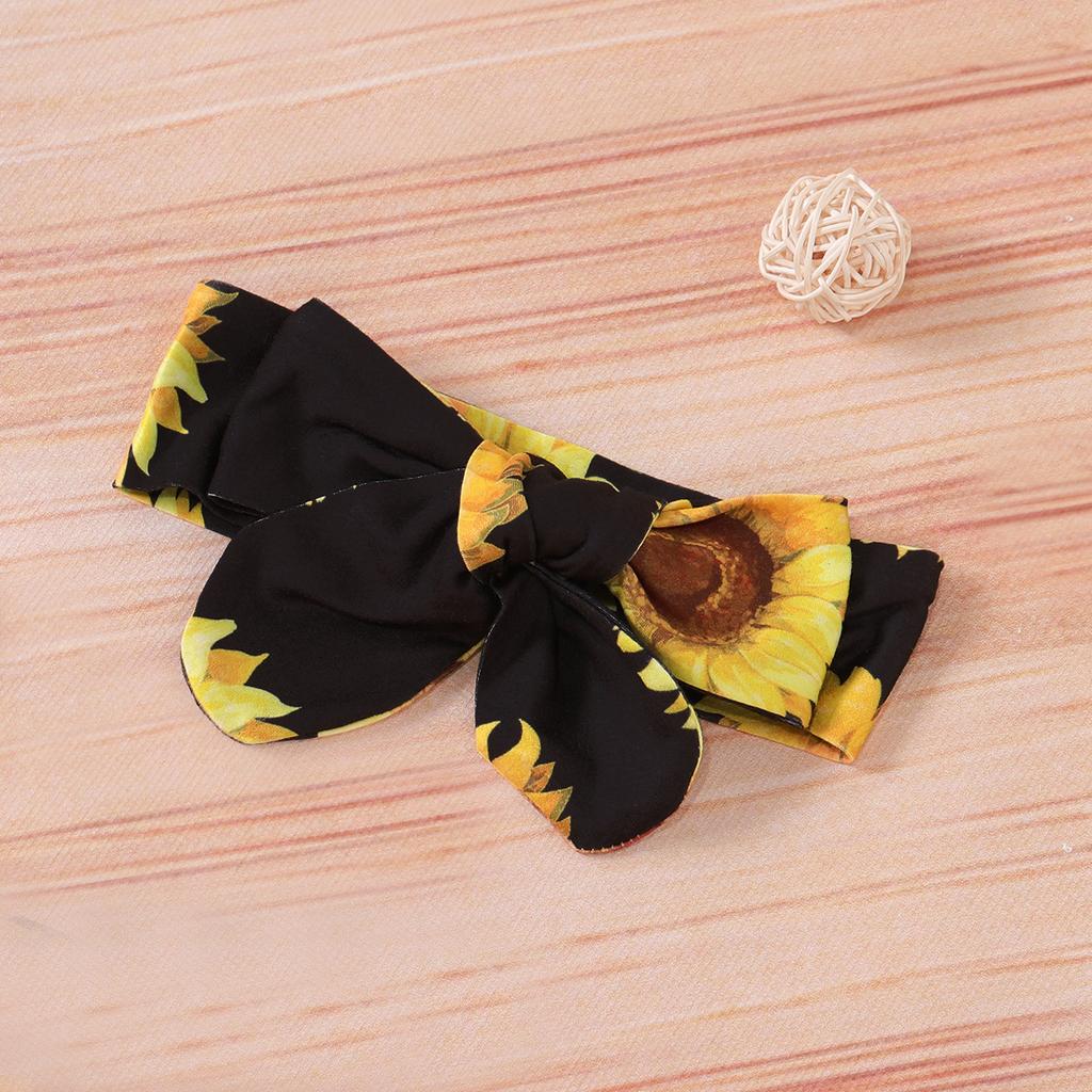 Комплект одежды для девочки из 3 предметов: комбинезон с короткими рукавами + длинные/короткие штаны с принтом подсолнухов + повязка на голову, летние наряды