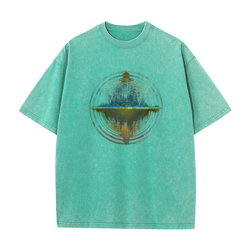 Geometric Sunset Forest Atmosphere ONeck Washed T Shirt NEW YEAR DAY Summer Tees Cute Cotton Fabric Washed Tee Shirts Unisexs