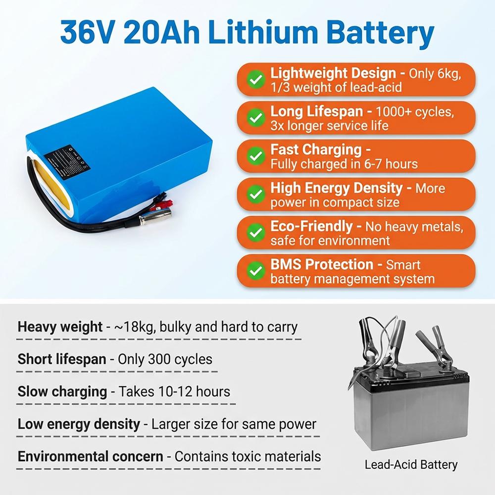 German Stock 36V 20Ah Blue Rectangular Lithium Battery with 2600mAh 10s8p China Cells, 20A BMS & 3A Big Warhead Plug