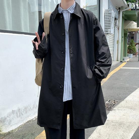 Мужская ветровка, пальто с лацканами, длинный рукав, двубортный тренчкот с карманами, однотонный, свободный крой, повседневная верхняя одежда средней длины