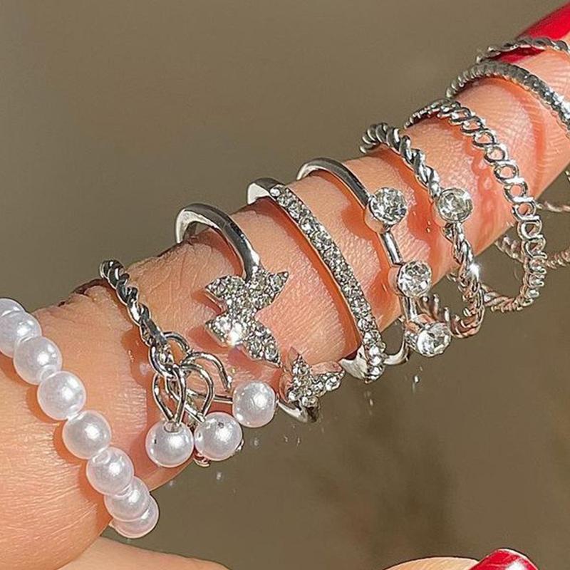 1 комплект колец в корейском стиле с бабочками и жемчугом для женщин, блестящие жемчужные готические винтажные стразы, простые модные украшения для пальцев, подарок