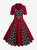 Rosegal Большой размер Платье А-силуэта в винтажном стиле с принтом в горошек, декоративными пуговицами, пряжкой в виде сердца, отложным воротником, лоскутное, со сборками