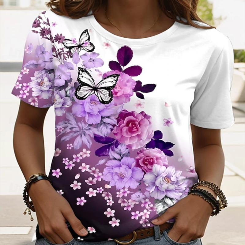 Women's Casual Floral Print T-Shirt Light Blue Watercolor Flower O-Neck Short Sleeve Tops Breathable Soft Daily Wear Tees