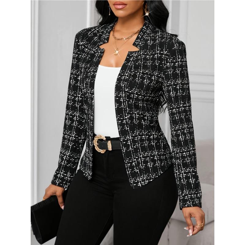 Women's Lightweight Plaid Long Sleeve Jacket - Stylish Open Front Outerwear for Spring & Fall, Black & White Houndstooth Pattern,