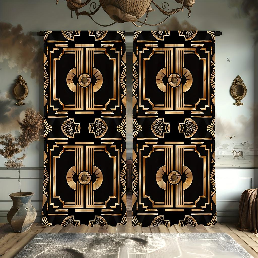 2pcs European Golden Retro Elements Curtain Decorative Window Drape Window Treatments For Bedroom Living Room Home Decor