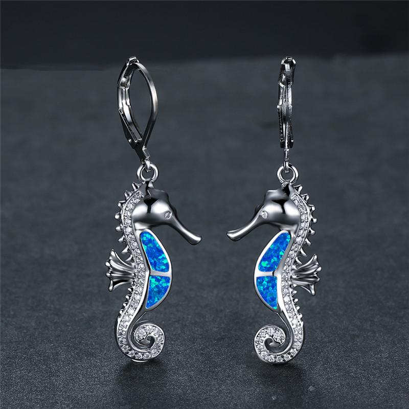 Cute Female Sea Horse Hoop Earring White Blue Opal Stone Animal Jewelry Rose Gold Color Wedding Earrings For Women