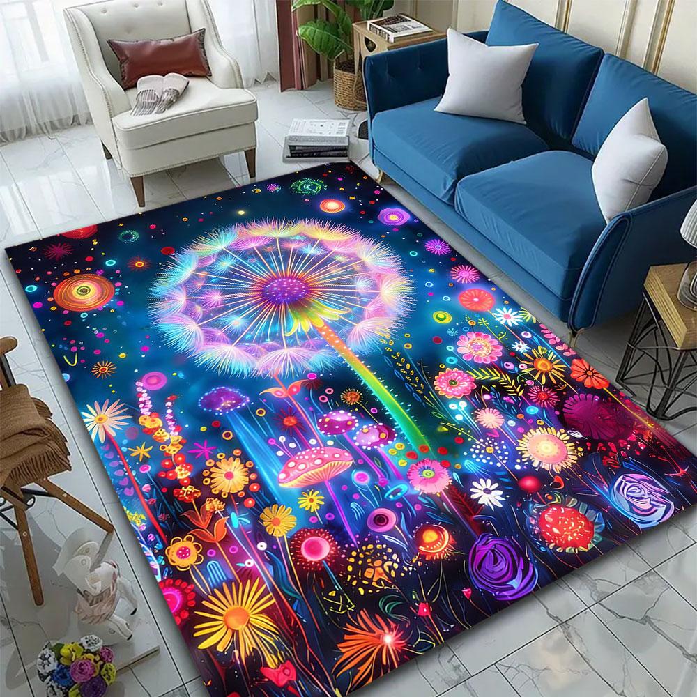 "Colorful Dandelion and Floral Glow" Patterned carpet, suitable as a non slip play mat for the living room and bedroom sofa
