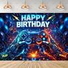 Gamer birthday party decorations, colorful backdrop with balloons and confetti, video game themed party decorations3927