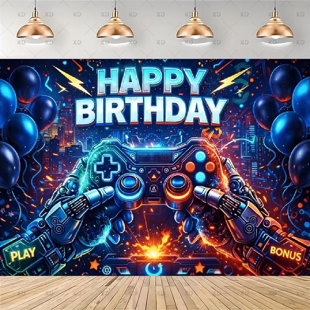 Gamer birthday party decorations, colorful backdrop with balloons and confetti, video game themed party decorations3927