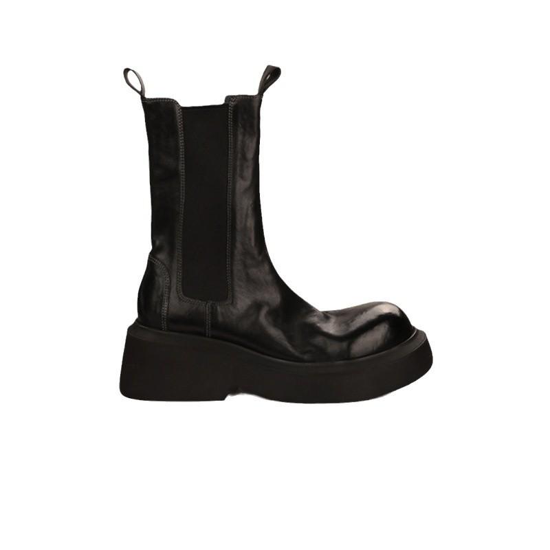 Виноградная Мама Западные Челси Сигаретные Ботинки Женские Ретро Потертые Средней Длины Эластичные Ботинки Маленькие Толстоподошвенные Ботинки на Высокой Платформе