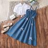 Модный комплект платья для девочек Летняя детская рубашка с пышными рукавами, Милое платье-халтер с бантом Комплект из двух предметов