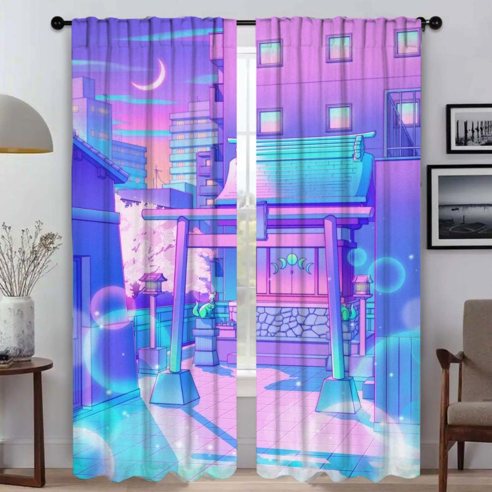 City Pop Curtains for Bedroom Halloween Decoration Kitchen Curtains 2 Pieces Window Curtain Partition Living Room Curtain Shades