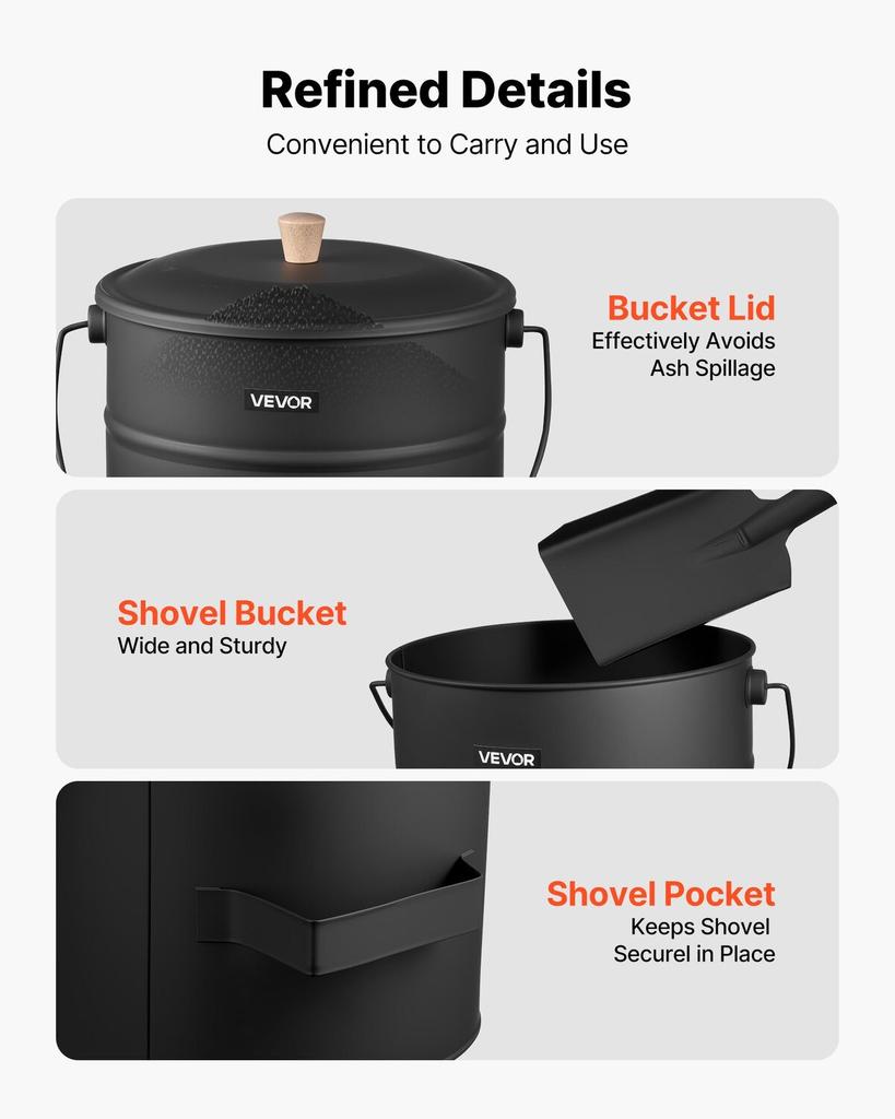 Ash Bucket, 4 PCS with Lid, Shovel, Broom and Gloves, Metal Fireplace Charcoal Bucket and Ash Can, 15L Large Capacity for Fireplace, Fire Pits, Wood