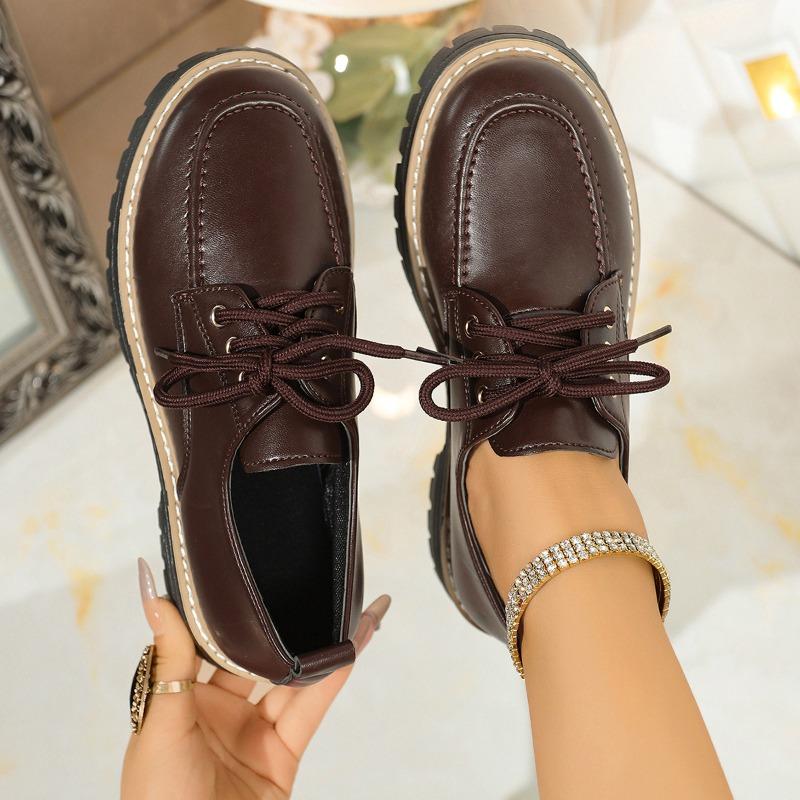 Fashion Plus Size 43 Women's Lace Up Loafers Spring and Autumn Fashion British Style Versatile Thick Sole Low Heels Small Leather Shoes