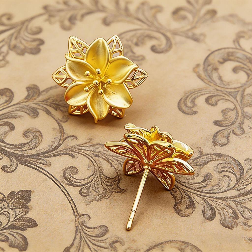 Lily Earrings Flower Gold Earrings Women's Elegant Exquisite Petals New Chinese Style Versatile National Style Earrings