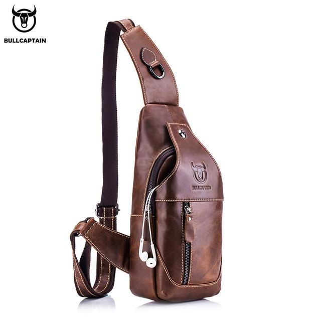 BULLCAPTAIN Leather Messenger Bags Men's Casual Bag for Men Chest Bag Brand Designer Multi-function Headphone Jack Chest Pack