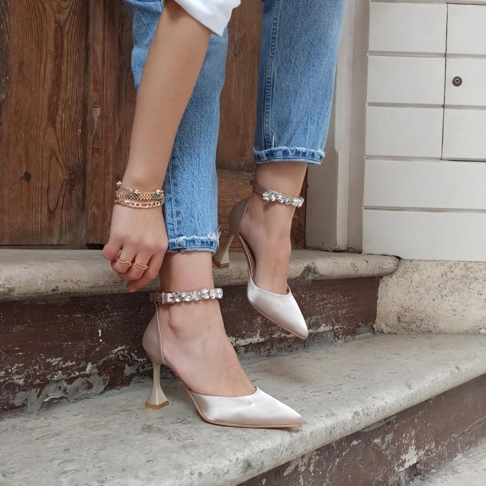 Женская мода зеленый атлас лодыжки камень 9 см шампань каблук с манжетами на каблуке обувь