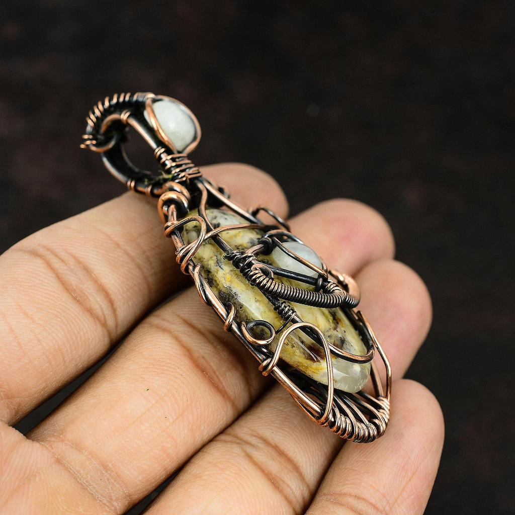 Подвеска из медной проволоки с перьями от сглаза и агатом, лунный камень, медные украшения, кулон ручной работы, дизайнерский кулон, украшения от сглаза, подарок для матери
