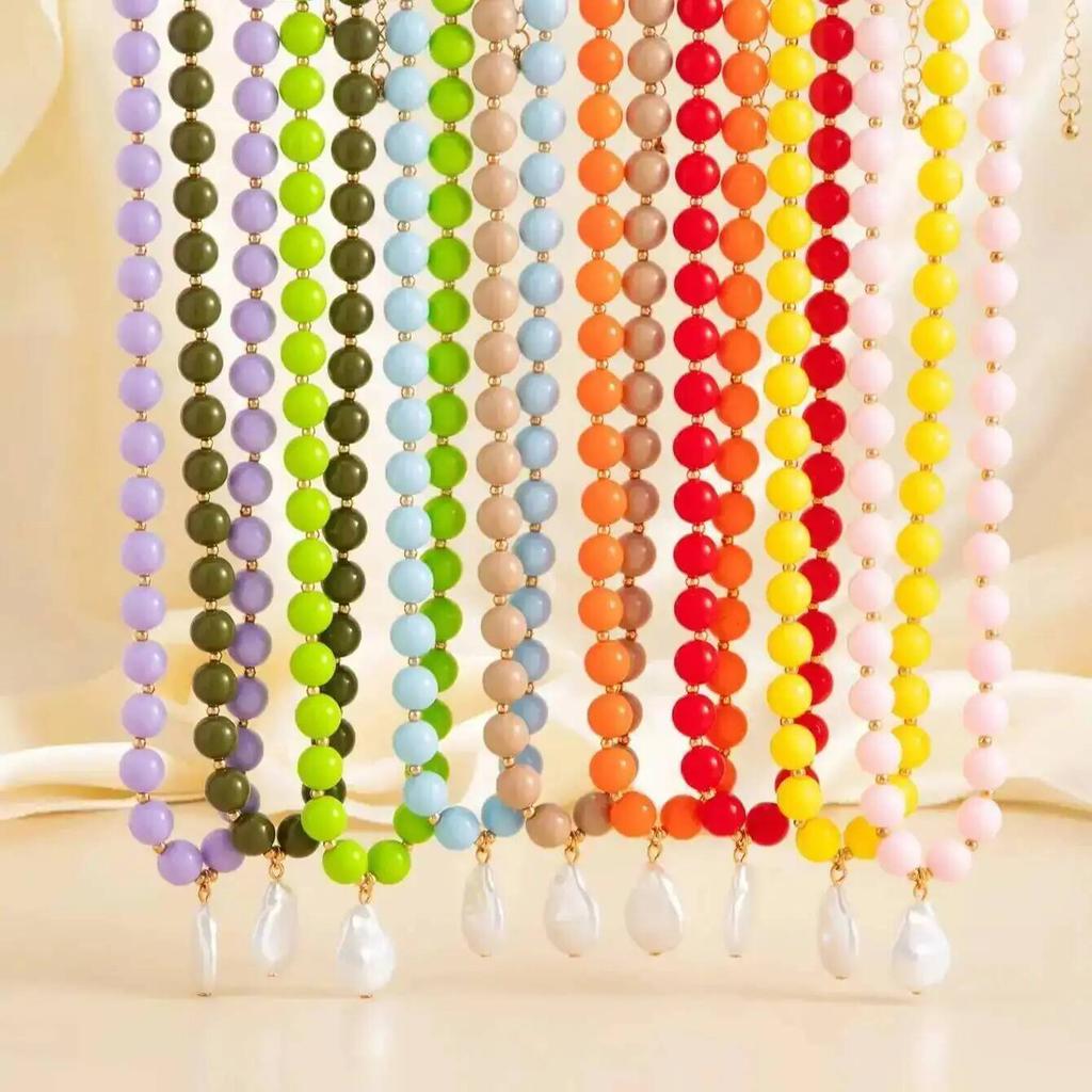IngeSight.Z Trend Y2K Boho Round Acrylic Colorful Beaded Choker Necklace Women Baroque Irregular Imitation Pearl Pendant Jewelry