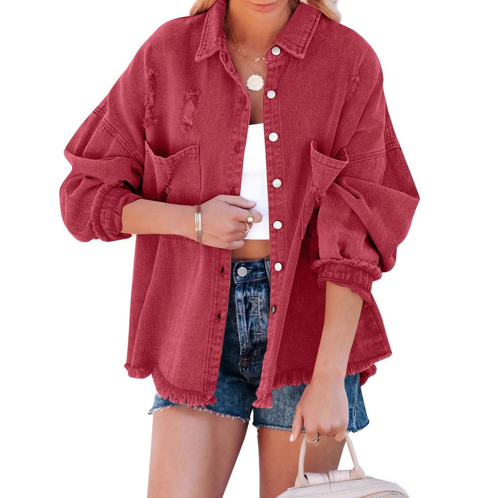 Women Loose Casual Denim Jacket Female Jacket Frayed Edges Trim  Long Sleeve  Coat With Pockets