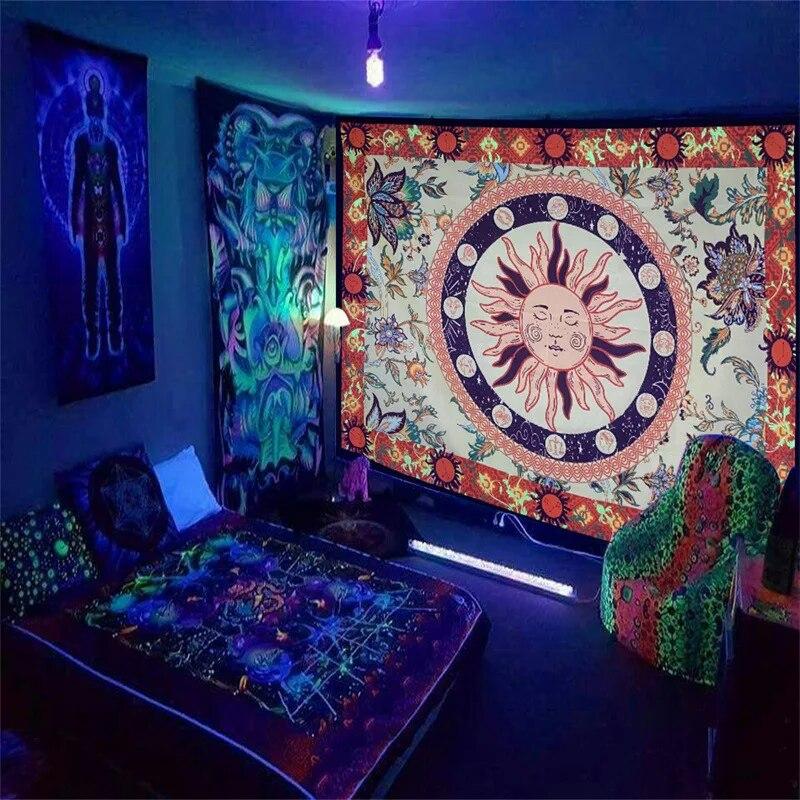 Black Light Tapestry UV Reactive Psychedelic Mysterious Mushroom Wall Hanging Bedroom Dorm Separate Room Decoration