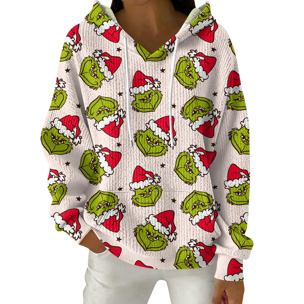 Женский модный повседневный пуловер с рождественским принтом, толстовка с капюшоном и длинными рукавами