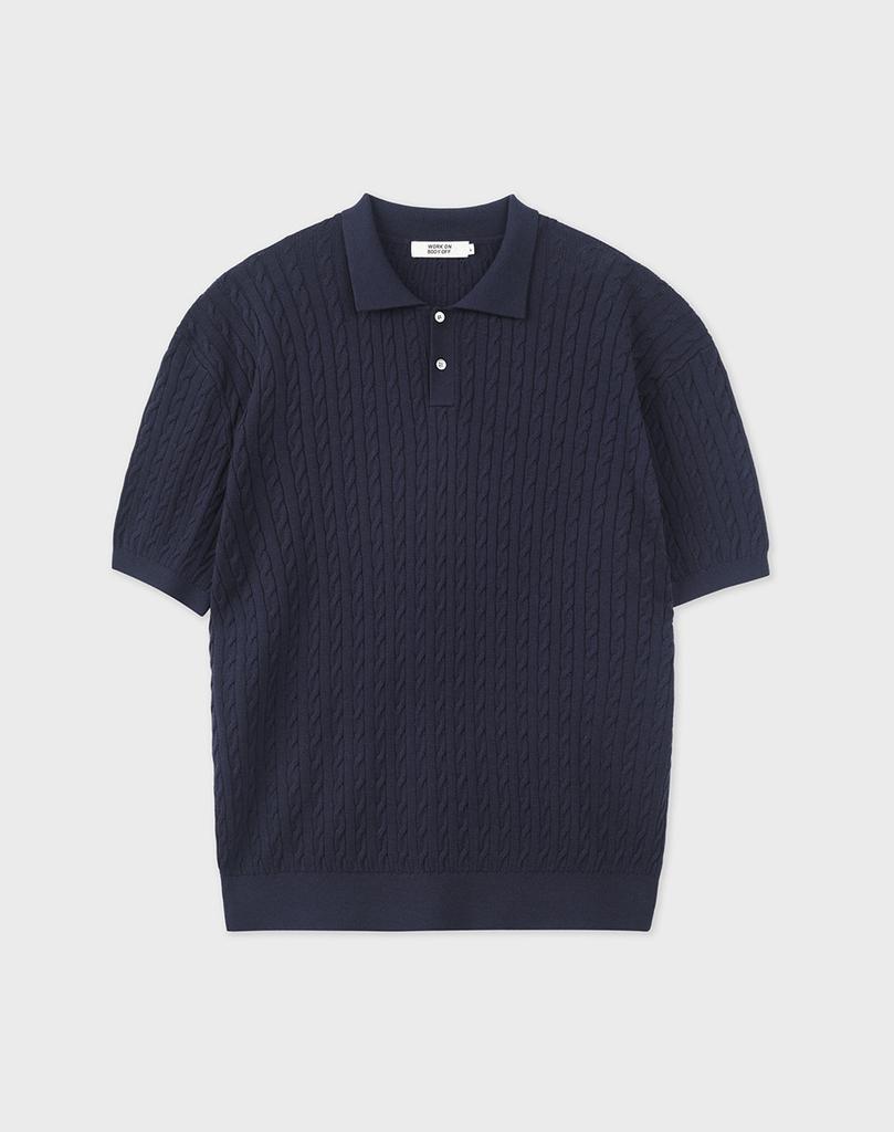 WORK ON BODY OFF Cool Bamboo Semi-Overfit Cable Collar Short Sleeve Knit [Navy]