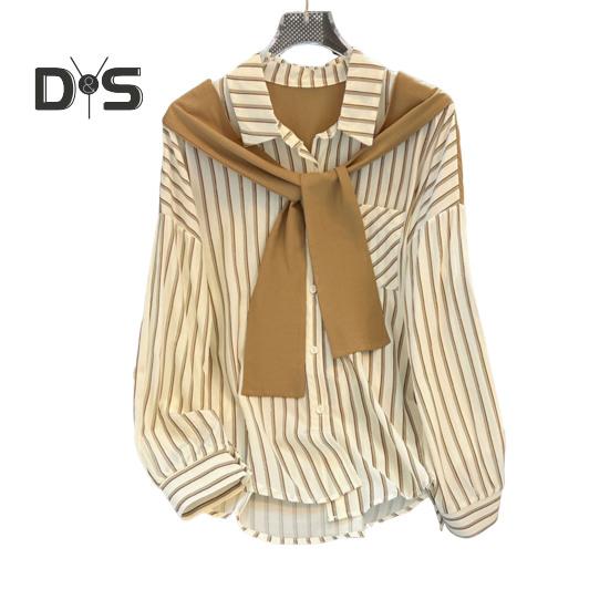 Women Shirt Lapel Long Sleeve Vertical Striped Fake Two-Piece Design Shawl Back Shirt Loose Fit Buttons Placket Shirt Tops