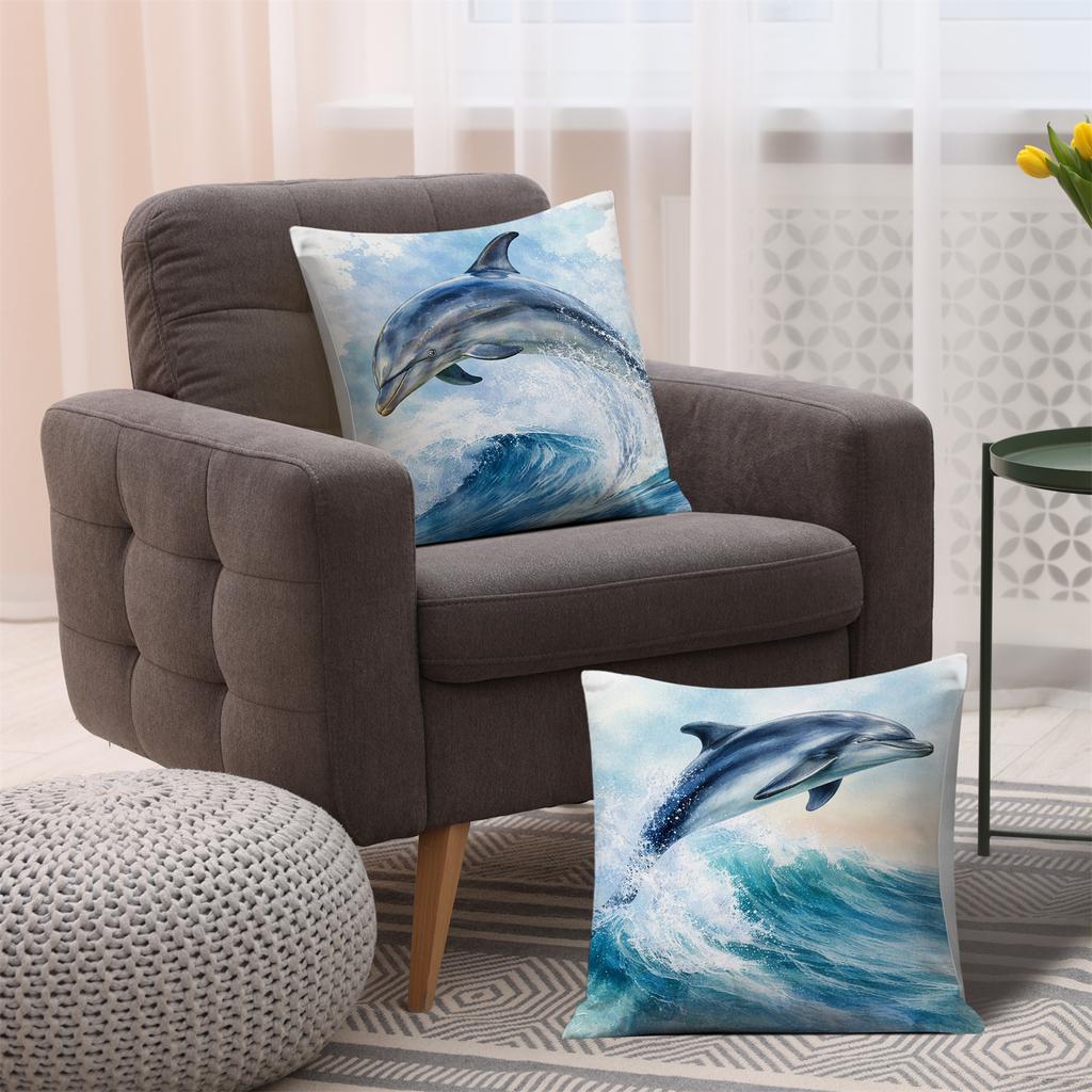Watercolor Dolphin Pillow Covers, Jumping Wave Marine Life Art Decorative Throw Pillow Cases, Coastal Nautical Home Decor 4Pcs