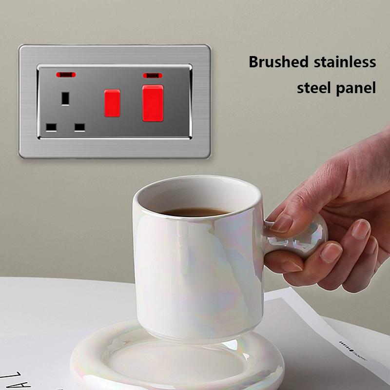 146 UK Standard 45A High Power Kitchen Electric Switch Socket 13A Wall Power Supply Cooker Glass Plastic Aluminum outlet Black