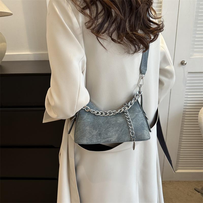 Осень Простая Мода 2025 Тренд Повседневная Однотонная ПУ Повседневная Наплечная Джинсовая Сумка-Полумесяц Под Мышку Женская