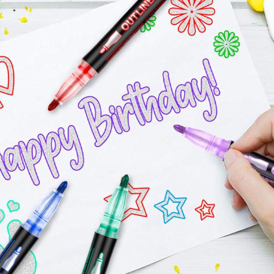 Dual-Tip Metallic Outline Pens Fluorescent Marker with Colorful Borders Smooth Tip Highlighters for Cards Crafts & Notes
