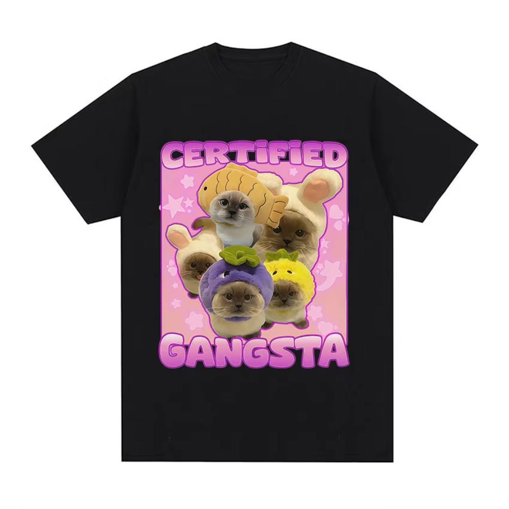 Certified Gangsta Funny Cat Meme T-shirts Men Women Cute Style Cotton Short Sleeve T Shirts Casual Oversized O-Neck Tops T Shirt