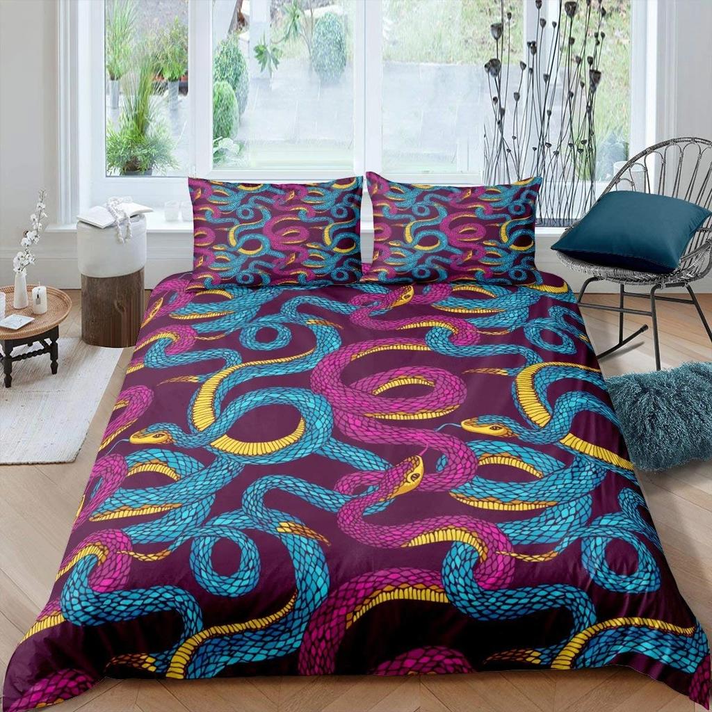 Snake Duvet Cover Set 3D Python Palm Leaf Bedding Set King Size Reptile Tropical Theme Quilt Cover For Kids Boys Girls Teens