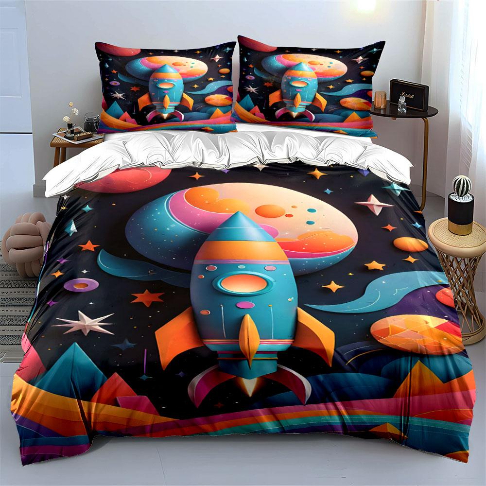 Colorful rocket and planets. Bedding sets Duvet cover sets Duvet covers Pillowcases(1 * Duvet Cover 2 * Pillowcases without duvet insert)