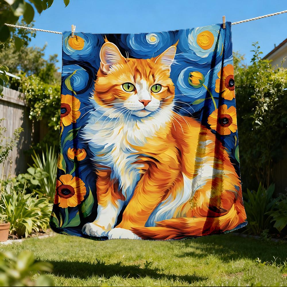 1pc Ginger Cat Art Print Print Outdoor Blanket, Lightweight Polyester,