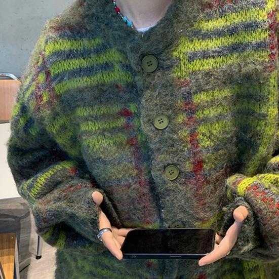 Осень-зима вязаный свитер кардиган однобортный круглый вырез ретро американский стиль толстый эластичный длинный рукав свободный теплый трикотаж повседневная одежда