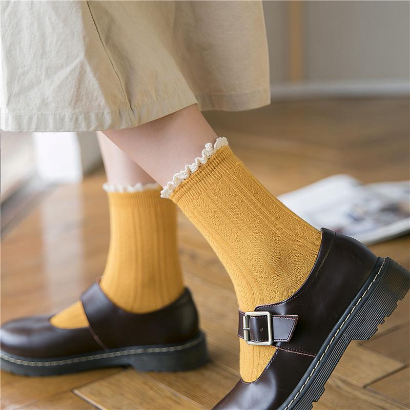 Women Socks Japanese Kawaii Cute Frilly Ruffle Socks Harajuku Retro Cotton Knitting Solid Color Lacework Lolita Girls Lady Socks