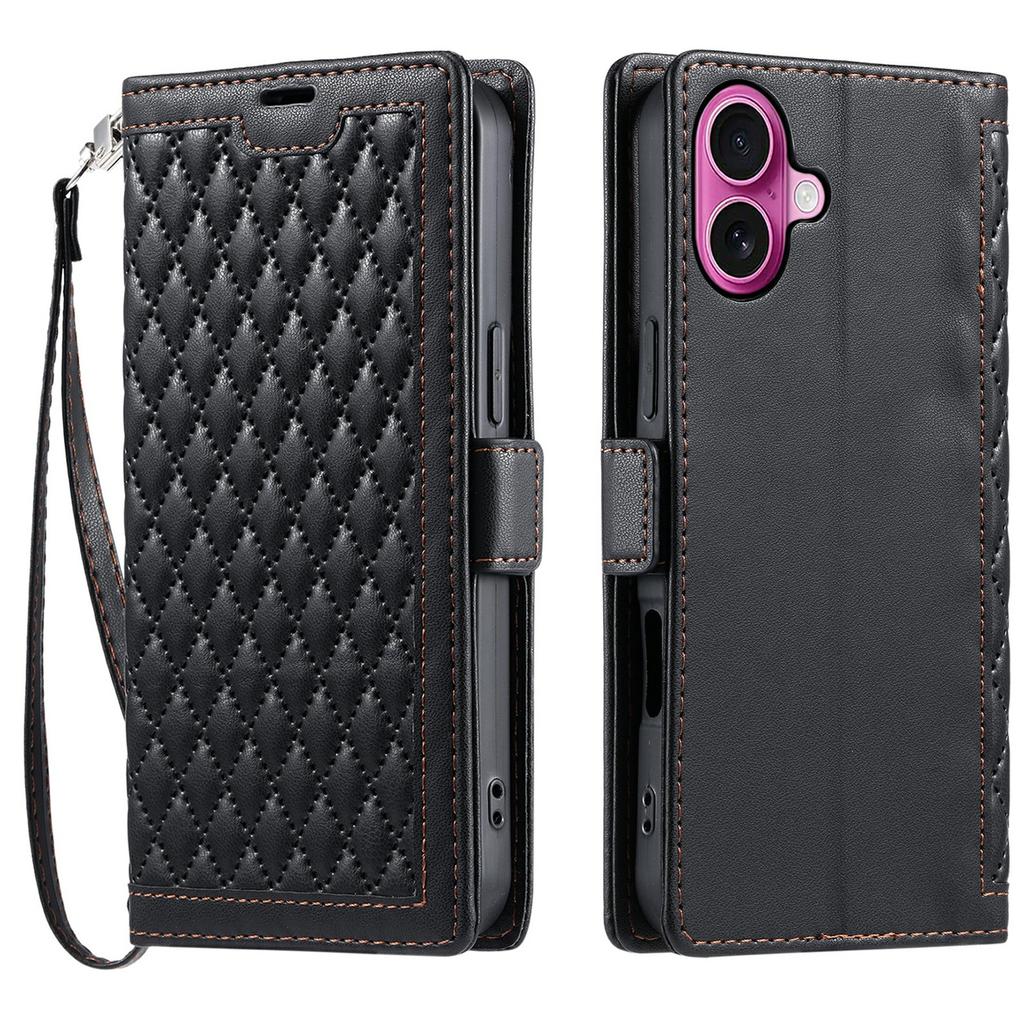 For iPhone 16 Leather Case Rhombus Texture Wallet Stand Phone Cover with Wrist Strap