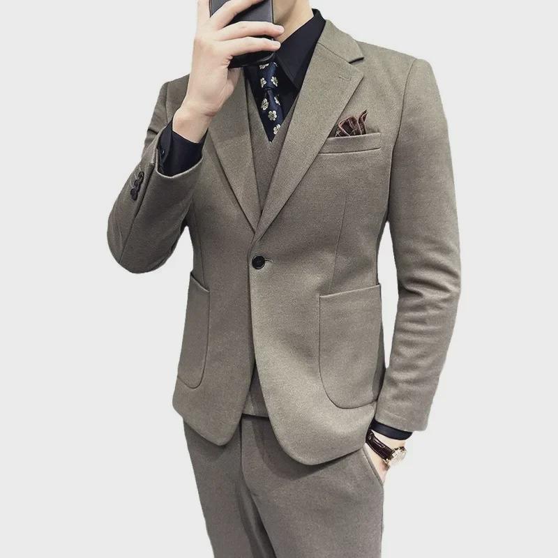 Men's Slim Fit Woolen Three-Piece Suit: One-Button, Autumn/Winter, Business/Wedding/Groomsmen.