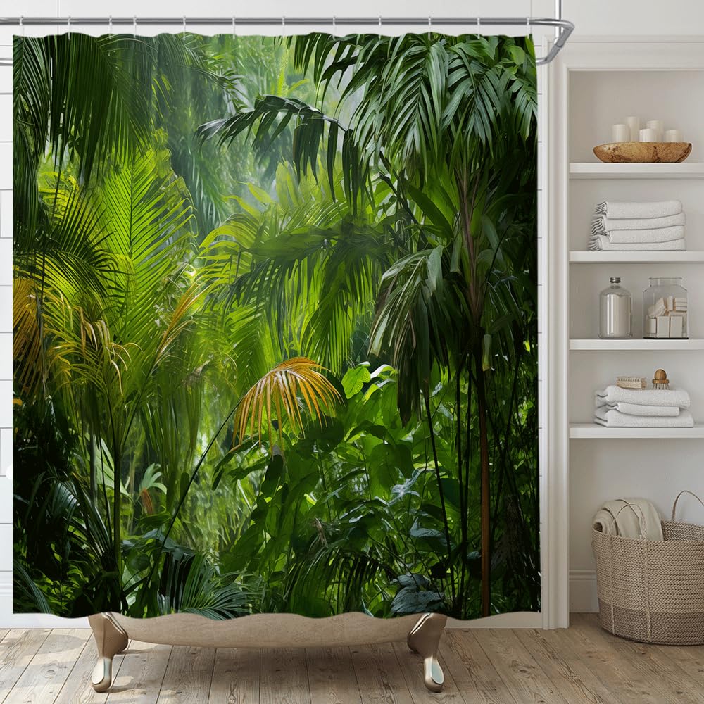 Jungle Shower Curtain Tropical Rainforest Palm Leaf Forest Tree Nature Summer Scenic Bathroom Decor Set with Hooks