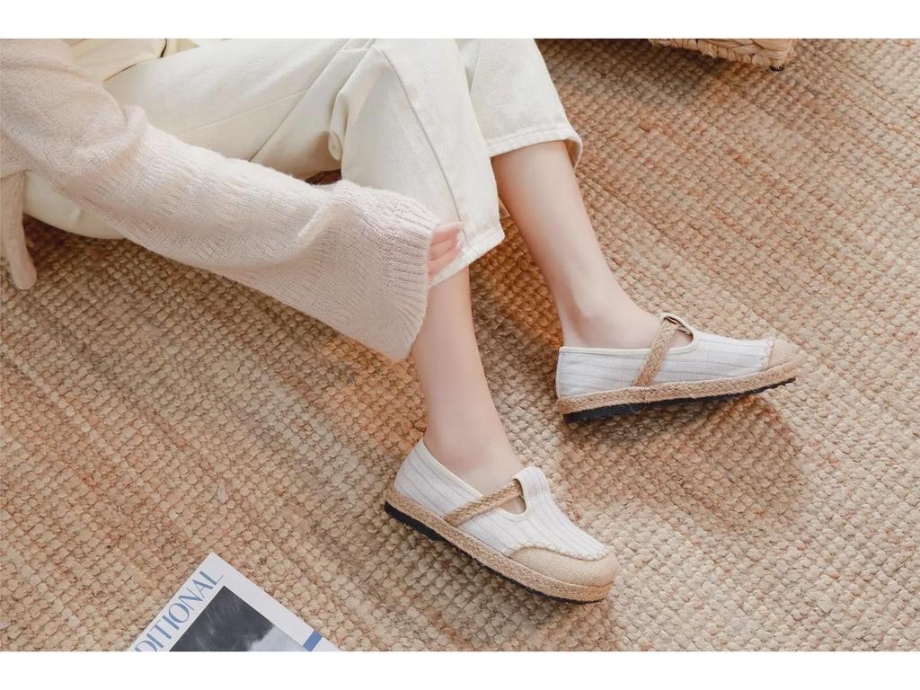 Женские льняные туфли DX19 Mori Girl из дышащей ткани в полоску, подходящего цвета, весна 2021 г.