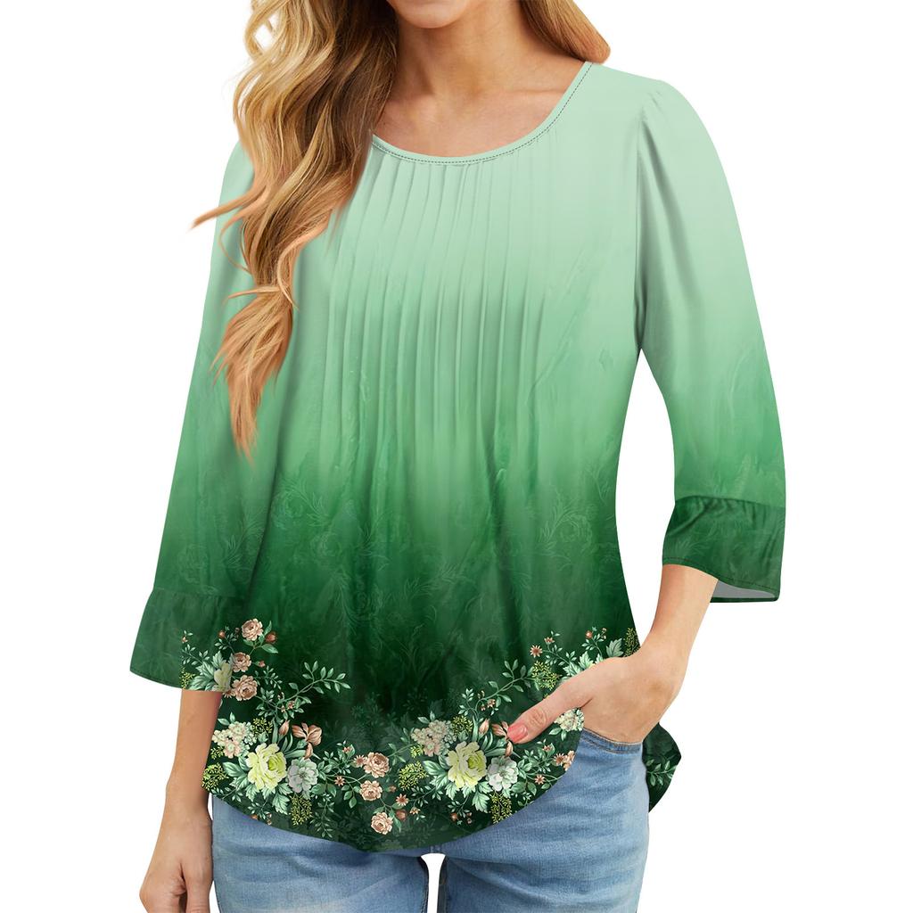 Женские топы с рукавами-колокольчиками 3/4, летние плиссированные рубашки с круглым вырезом, модные нарядные повседневные блузки-туники свободного покроя