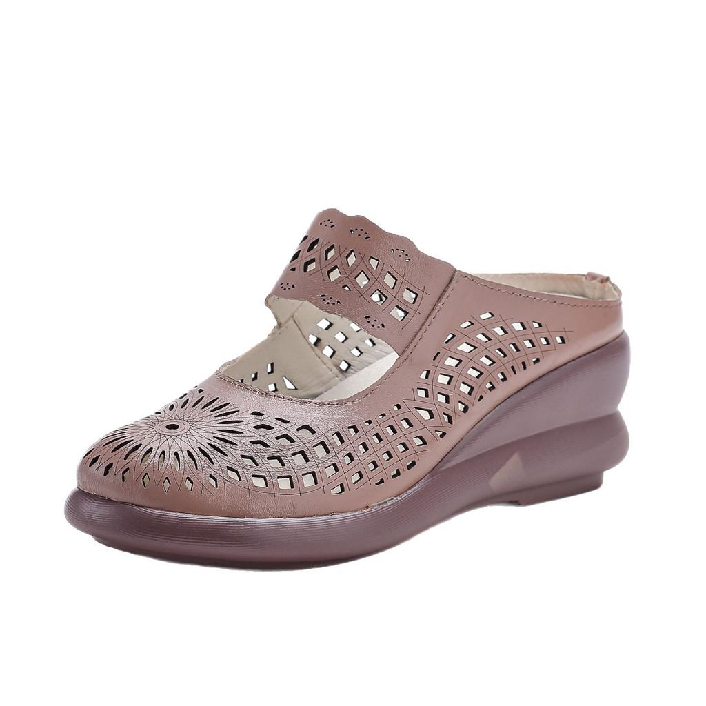 Leather Heel Thick-soled Slippers Hole Hollow Soft Sole Women's Shoes Sandals Middle-aged Mother's Non-slip Wear-resistant Spring and Summer