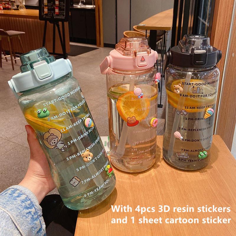 2 Liters Plastic Kettle Large Portable Travel Water Bottle With Straw Sports Fitness Cup Portable Drink Bottle With Sticker