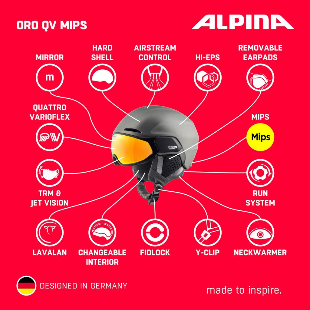 ALPINA ORO QV MIPS Ski and Snowboard Helmet with Polarized Photochromic Mirror and Glasses Size Cm Visor, MIPS, Compatible, 55-59