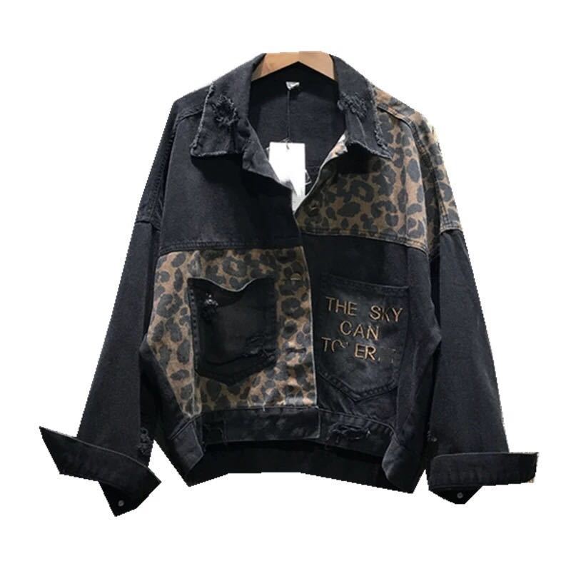 Women Leopard Pattern Distressed Hole Denim Jacket Korean Style Long-sleeved Plus Size Casual Outerwear