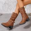 Большой размер Низкий каблук Платформа Длинные сапоги Осень Зима Удобная обувь Женские Теплые ботильоны Винтажный коричневый Женские Сапоги до колена