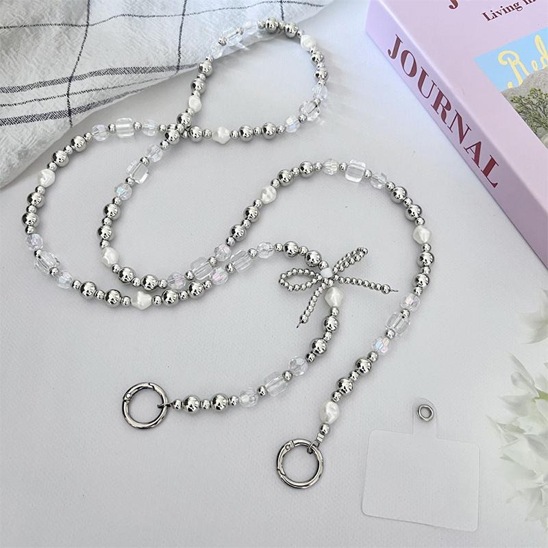 Ремешок для мобильного телефона, шнурок через плечо, бант, серебряные бусины, цепочка для телефона для iPhone, Samsung, Xiaomi, анти-потеря, шейный шнур, подвесной шнур