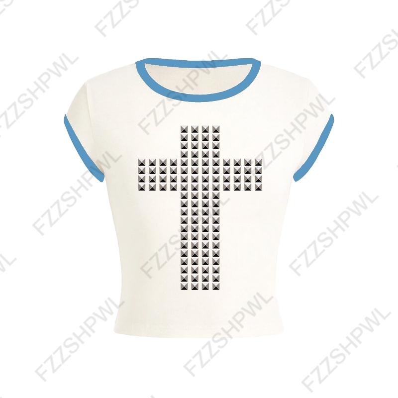 VAYLA Готическая Панк Рок Хип Хоп Женская Футболка с Коротким Рукавом Сексуальная Приталенная Шикарная Повседневная Базовая Металлический Декор Кроп-топы Y2K Эмо Одежда для Девушек